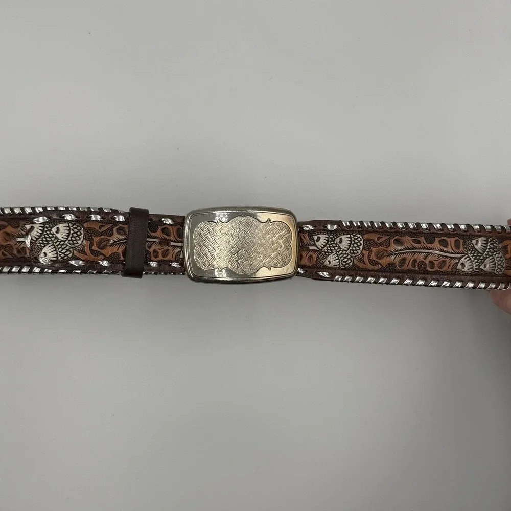 Hand Painted Western Cowboy Brown Leather Belt‎ Silver Buckle/Detail Size 38